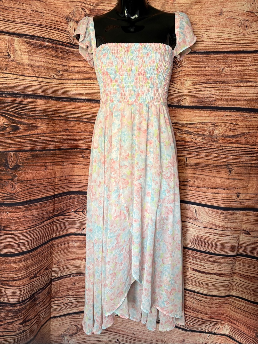 HYFVE Pastel Floral Smocked High-Low Dress in Pink Blue Cream